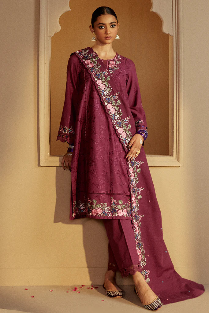 Cross Stitch | Winter Collection 24 | PLUM RADIANCE-3 PC KHADDAR EMBROIDERED SUIT - House of Ayeza