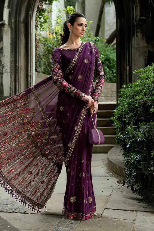 Maria B | Soiree | Embroidered Chiffon Saree | WF-09-01-Purple - House of Ayeza