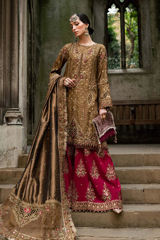 Maria B | Soiree | Embroidered Raw Silk Suit | WF-09-04-Tambaku Brown - House of Ayeza