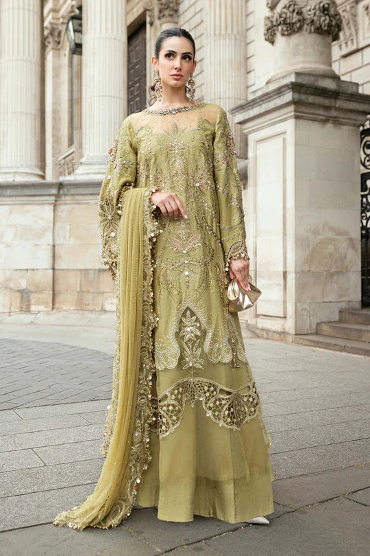 Maria B | Soiree | Embroidered Raw Silk Suit | WF-09-08-Olive Green - House of Ayeza