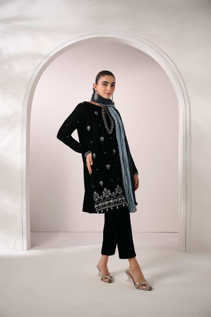 Dhanak | FW 24` Velvet Drop 1 |  FW24DA-2605 BLACK 2PCS EMBROIDERED KURTA WITH DUPATTA - House of Ayeza