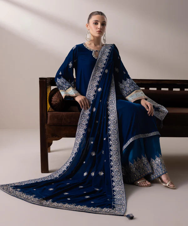 Sapphire | RTW Festive '24 | Embroidered Velvet Dupatta - House of Ayeza