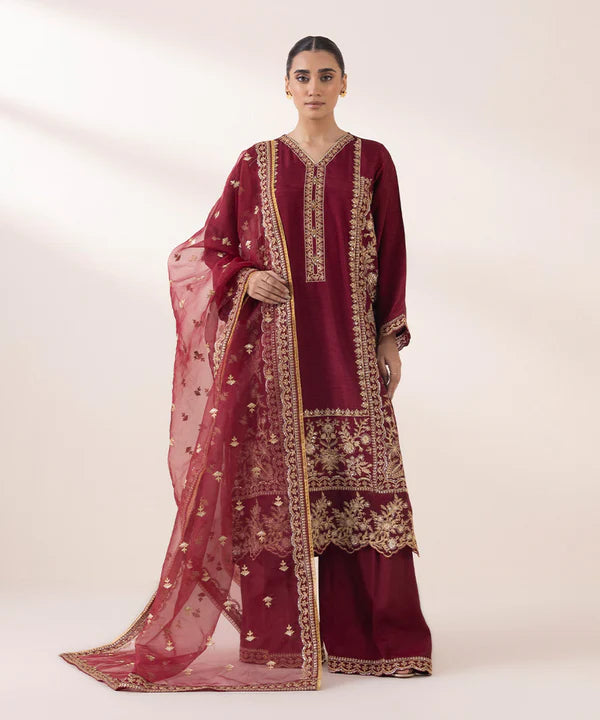 Sapphire | RTW Festive '24 | 3 Piece | Embroidered Raw Silk Suit - House of Ayeza