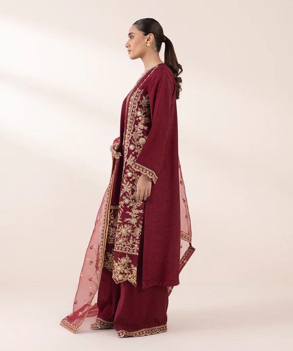 Sapphire | RTW Festive '24 | 3 Piece | Embroidered Raw Silk Suit - House of Ayeza