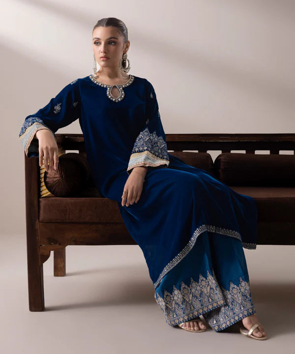 Sapphire | RTW Festive '24 | 2 Piece | Embroidered Velvet Suit - House of Ayeza