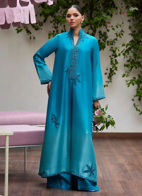 Farah Talib Aziz | Tara Luxe II | Deeri Ombre Blue Embellished Kaftan