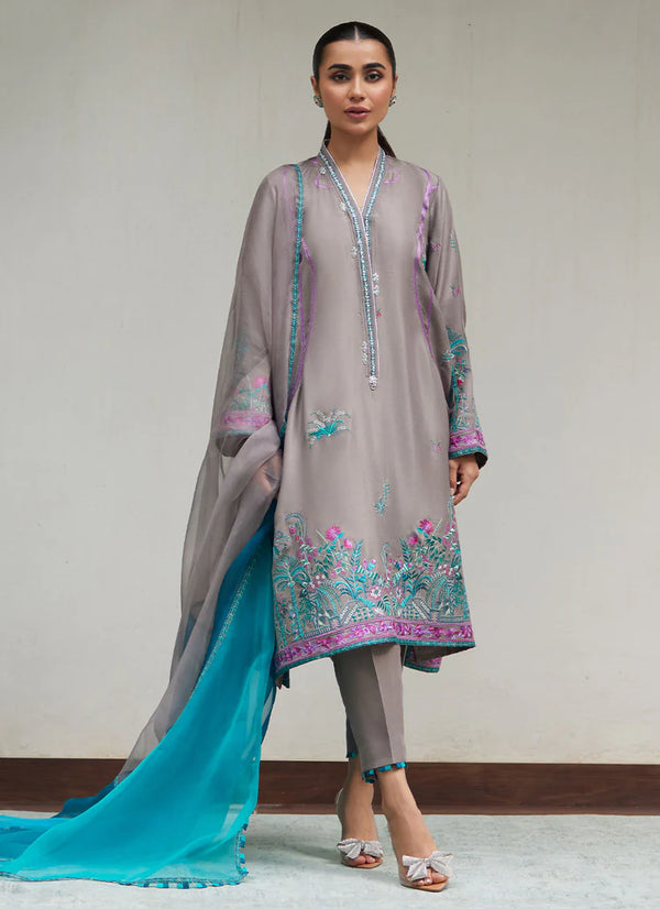 Farah Talib Aziz | Tara Luxe II | Natalya Charcoal Embroidered Raw Silk