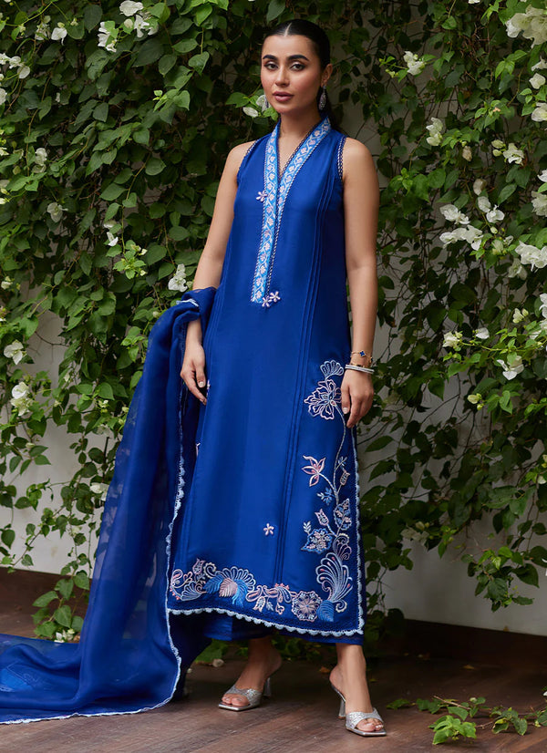 Farah Talib Aziz | Tara Luxe II | Inga Ink Blue Embroidered Raw Silk