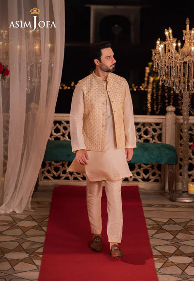 Asim Jofa | Menswear New In | AJMS-15 EMBROIDERED INDIAN RAW SILK 3 PCS - House of Ayeza