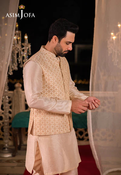Asim Jofa | Menswear New In | AJMS-15 EMBROIDERED INDIAN RAW SILK 3 PCS - House of Ayeza
