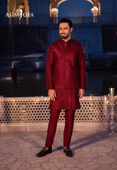 Asim Jofa | Menswear New In | AJMS-18 EMBROIDERED INDIAN RAW SILK 3 PCS - House of Ayeza