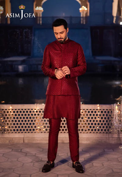Asim Jofa | Menswear New In | AJMS-18 EMBROIDERED INDIAN RAW SILK 3 PCS - House of Ayeza