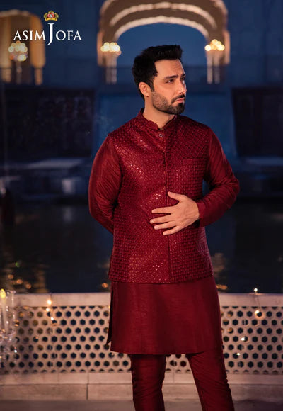Asim Jofa | Menswear New In | AJMS-18 EMBROIDERED INDIAN RAW SILK 3 PCS - House of Ayeza