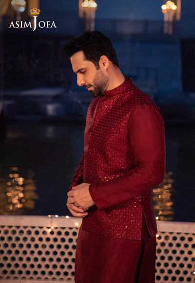 Asim Jofa | Menswear New In | AJMS-18 EMBROIDERED INDIAN RAW SILK 3 PCS - House of Ayeza