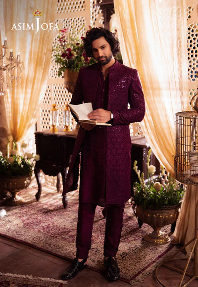 Asim Jofa | Menswear New In | AJMS-19 EMBROIDERED INDIAN RAW SILK 3 PCS - House of Ayeza