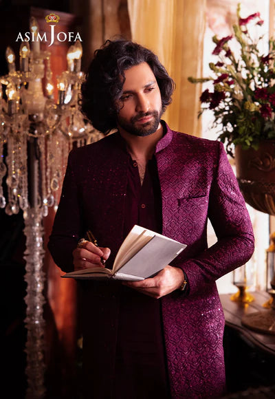 Asim Jofa | Menswear New In | AJMS-19 EMBROIDERED INDIAN RAW SILK 3 PCS - House of Ayeza