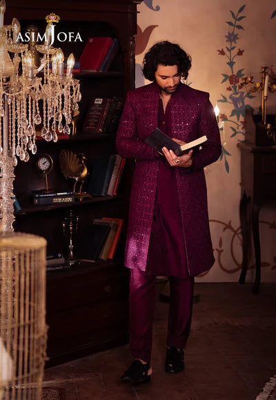 Asim Jofa | Menswear New In | AJMS-19 EMBROIDERED INDIAN RAW SILK 3 PCS - House of Ayeza
