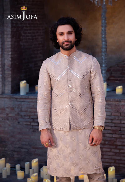 Asim Jofa | Menswear New In | AJMS-23 EMBROIDERED INDIAN RAW SILK 3 PCS - House of Ayeza