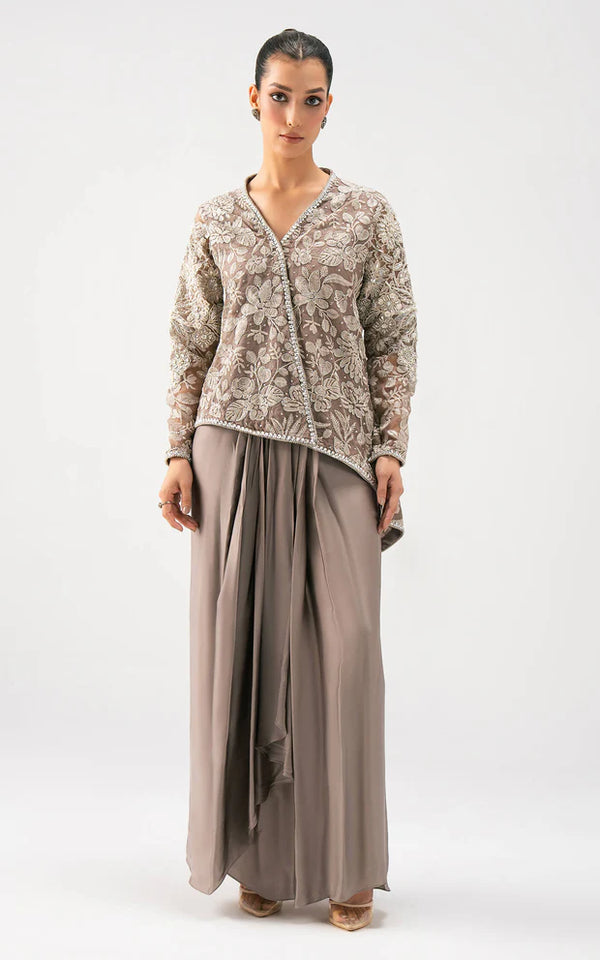 Asifa & Nabeel | Taupe Bloom Drape Set - House of Ayeza