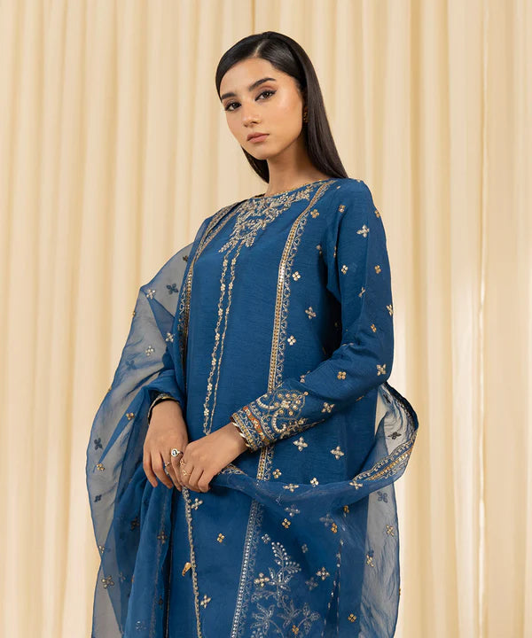 Sapphire | 3 Piece - Embroidered Raw Silk Suit - House of Ayeza