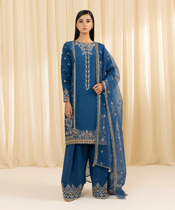 Sapphire | 3 Piece - Embroidered Raw Silk Suit - House of Ayeza