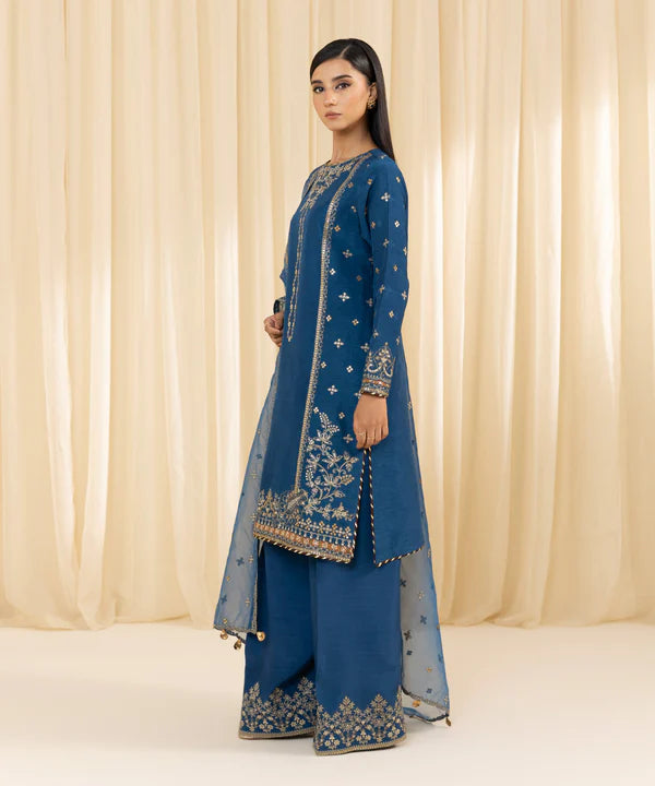 Sapphire | 3 Piece - Embroidered Raw Silk Suit - House of Ayeza