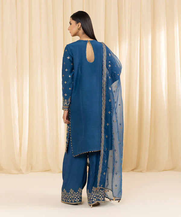 Sapphire | 3 Piece - Embroidered Raw Silk Suit - House of Ayeza