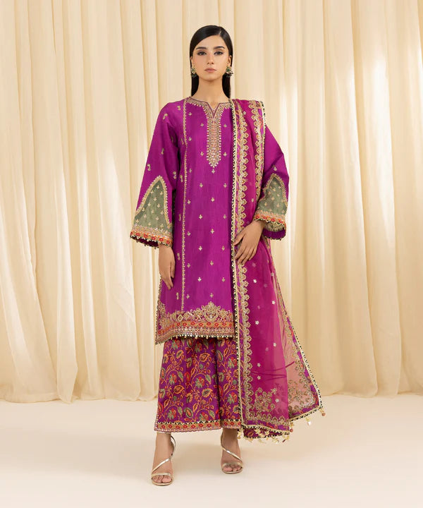 Sapphire | 3 Piece - Embroidered Raw Silk Suit - House of Ayeza