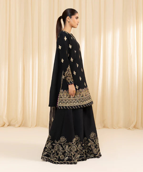 Sapphire | 3 Piece - Embroidered Raw Silk Suit - House of Ayeza