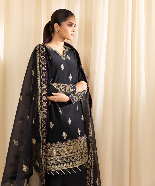 Sapphire | 3 Piece - Embroidered Raw Silk Suit - House of Ayeza