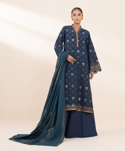 Sapphire | Winter 24 | 3 Piece - Embroidered Jacquard Suit - House of Ayeza