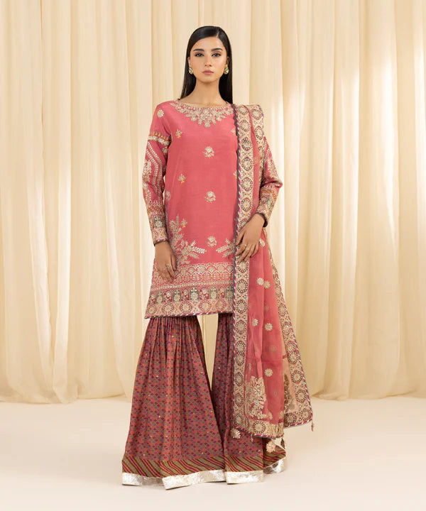 Sapphire | 3 Piece - Embroidered Raw Silk Suit - House of Ayeza