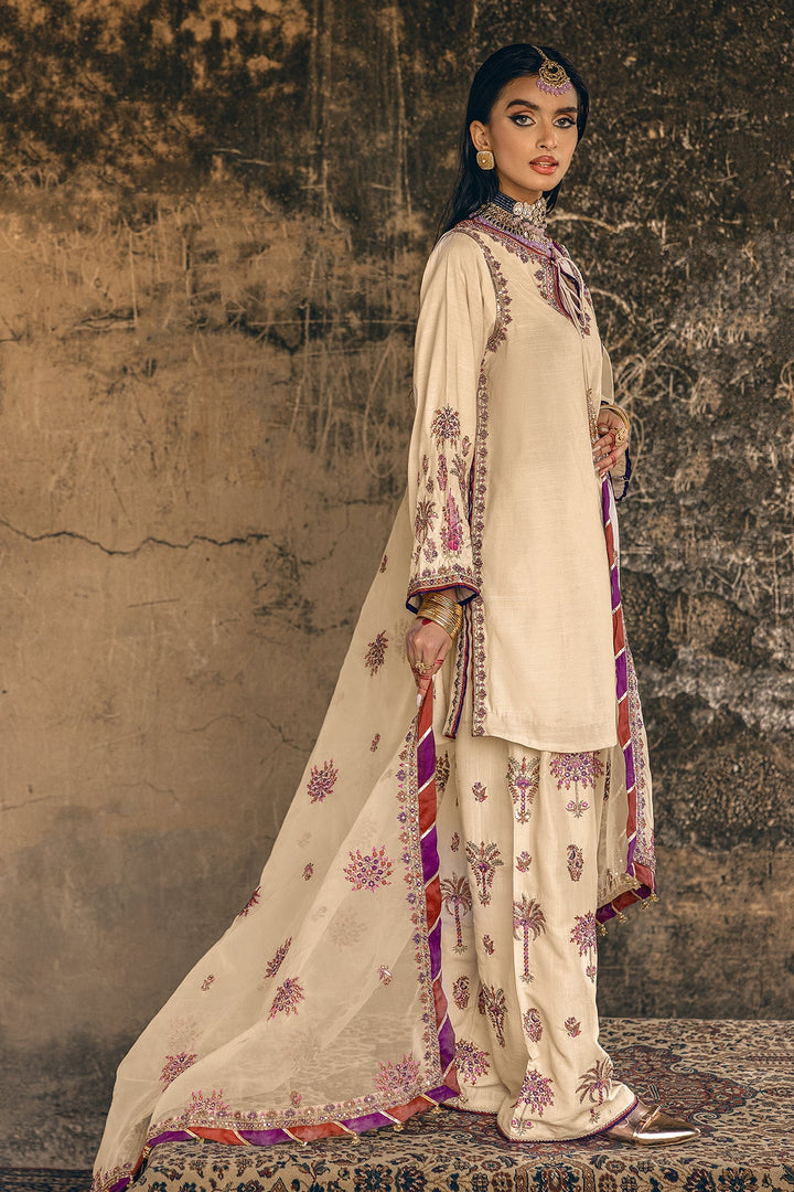 Charizma | Mi-Amor Ready to Wear | 3-PC Embroidered Raw-Silk Suit CMA-5-137 SKIN - House of Ayeza