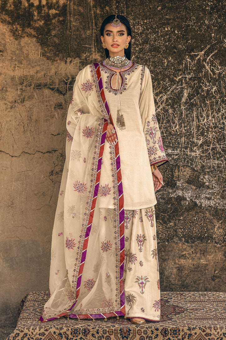 Charizma | Mi-Amor Ready to Wear | 3-PC Embroidered Raw-Silk Suit CMA-5-137 SKIN - House of Ayeza