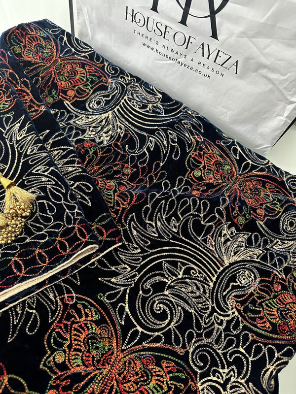 HOA Velvet Embroidered Shawl Navy Blue - House of Ayeza