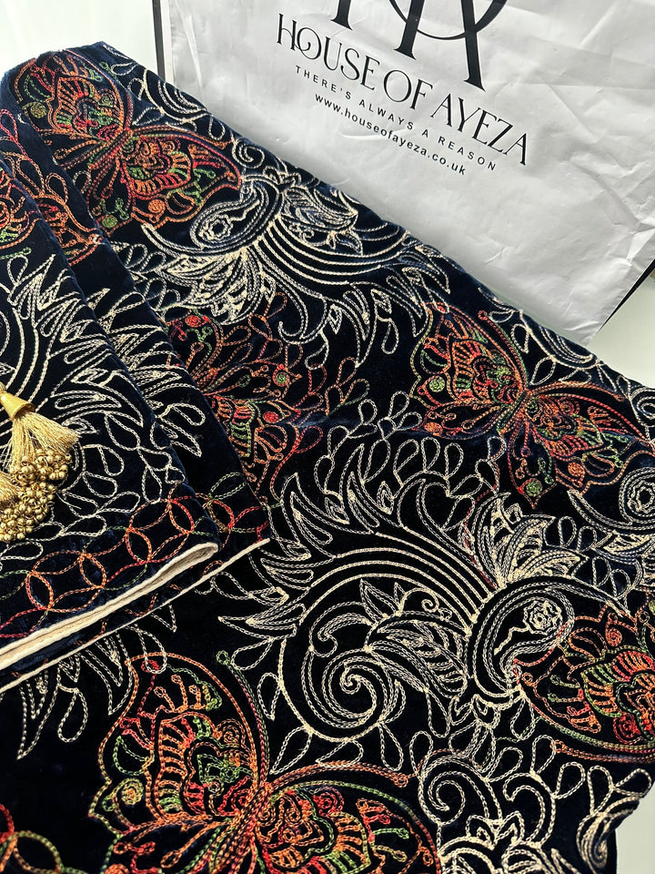 HOA Velvet Embroidered Shawl Navy Blue - House of Ayeza