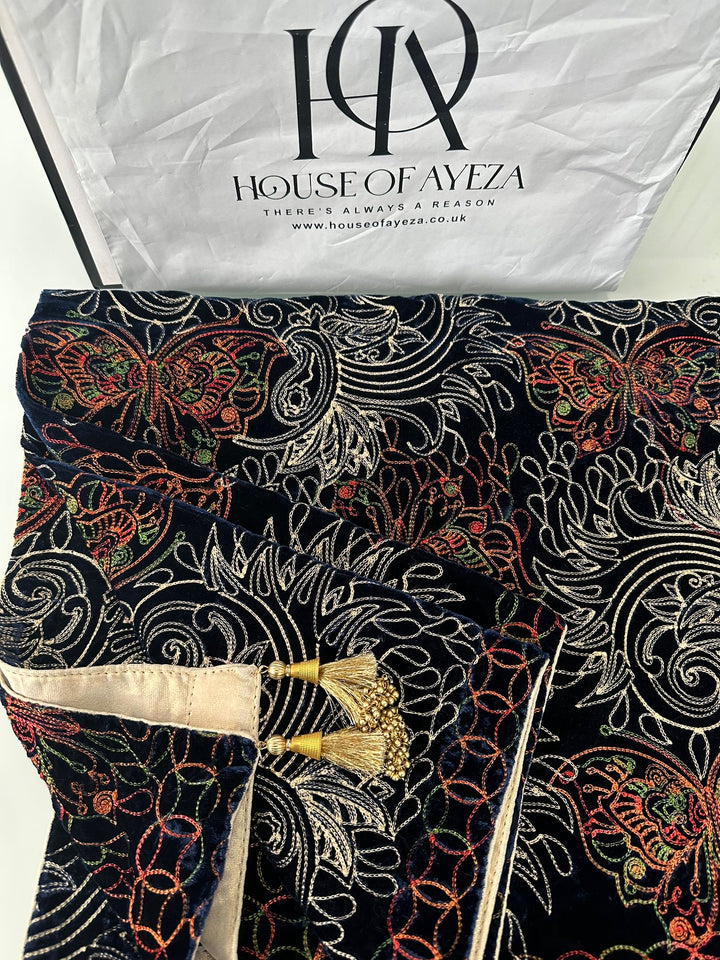 HOA Velvet Embroidered Shawl Navy Blue - House of Ayeza