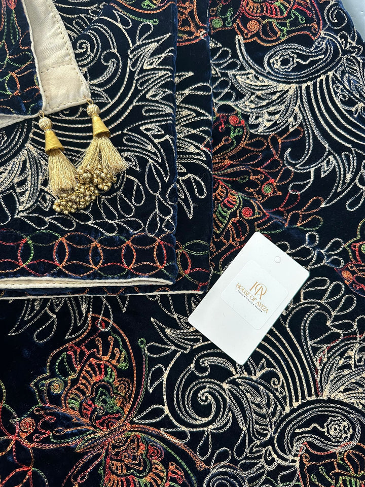 HOA Velvet Embroidered Shawl Navy Blue - House of Ayeza