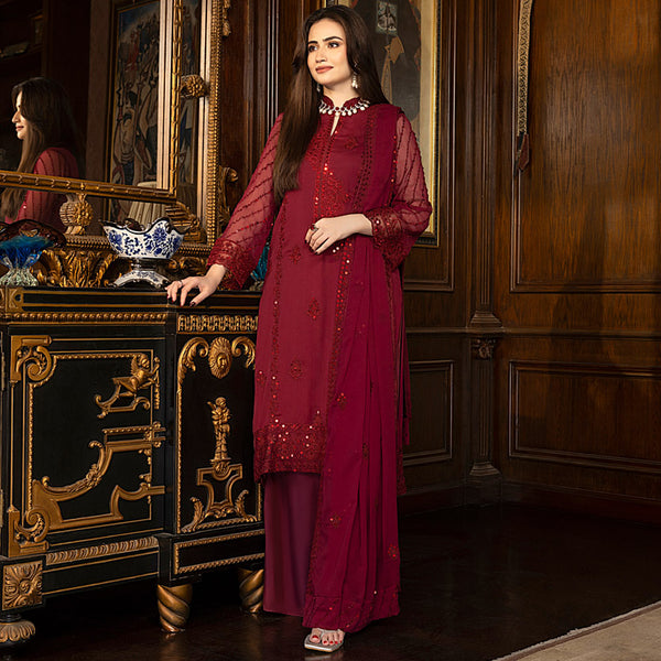 Merakish | Luxury Chiffon Embroidered’23 | MK5 01 Cherry Red - House of Ayeza